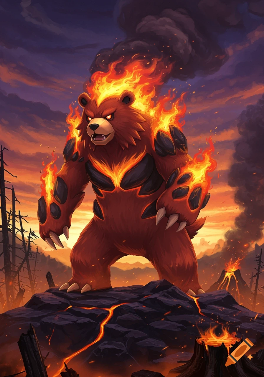A large, red, fiery bear-like creature with glowing eyes stands powerfully on a rocky, volcanic ground under a fiery sky.