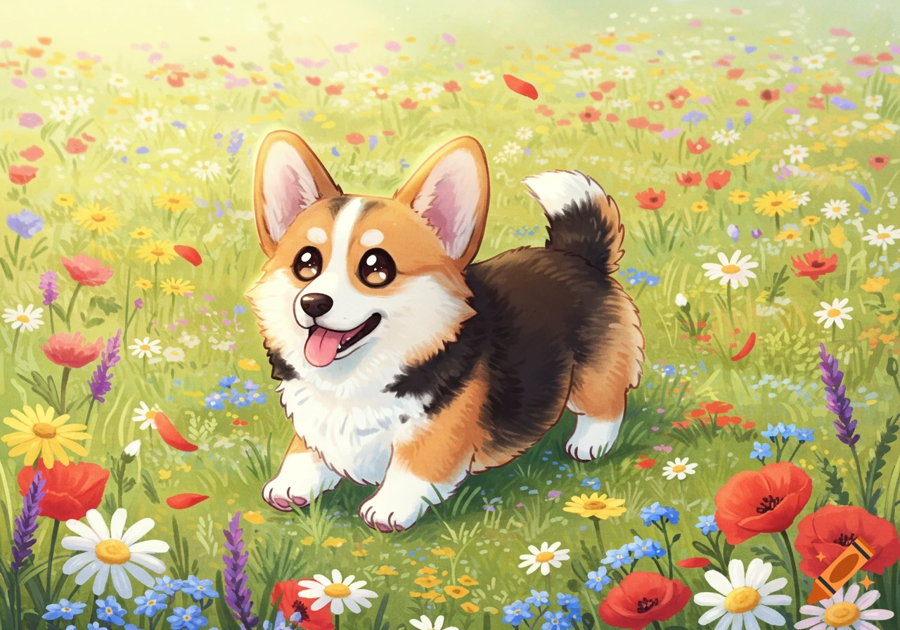 A cute, happy chibi tricolor corgi runs through a vibrant flower field in a cartoon illustration.