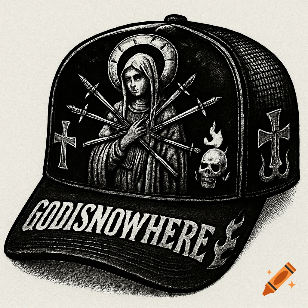 Black trucker hat with gothic-style illustration of a saint pierced by swords, crosses, skull, and flames. Text 'GODISNOWHERE' on brim.