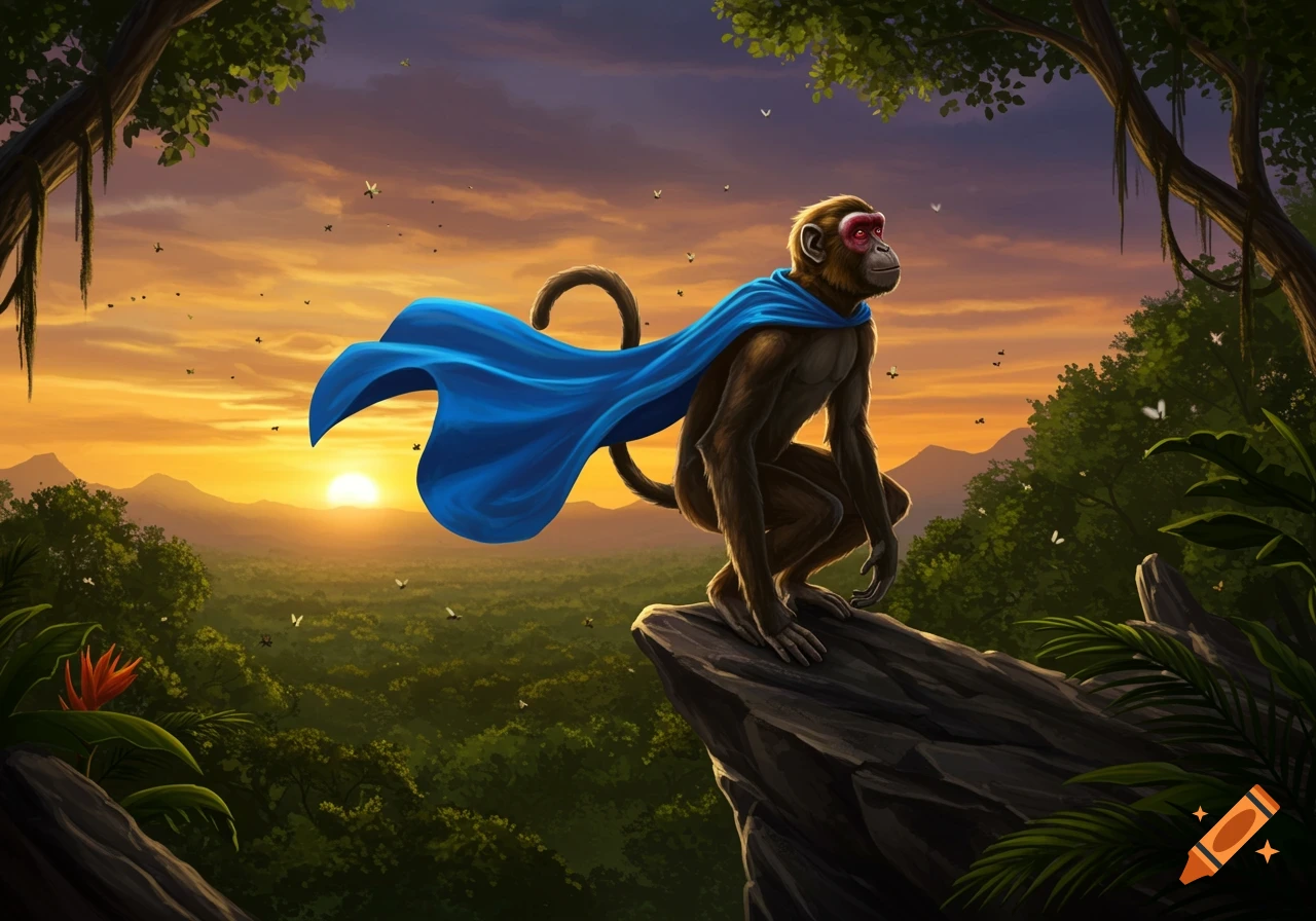 A monkey in a blue cape perches on a rock, overlooking a lush jungle at sunset, in a vibrant illustration.