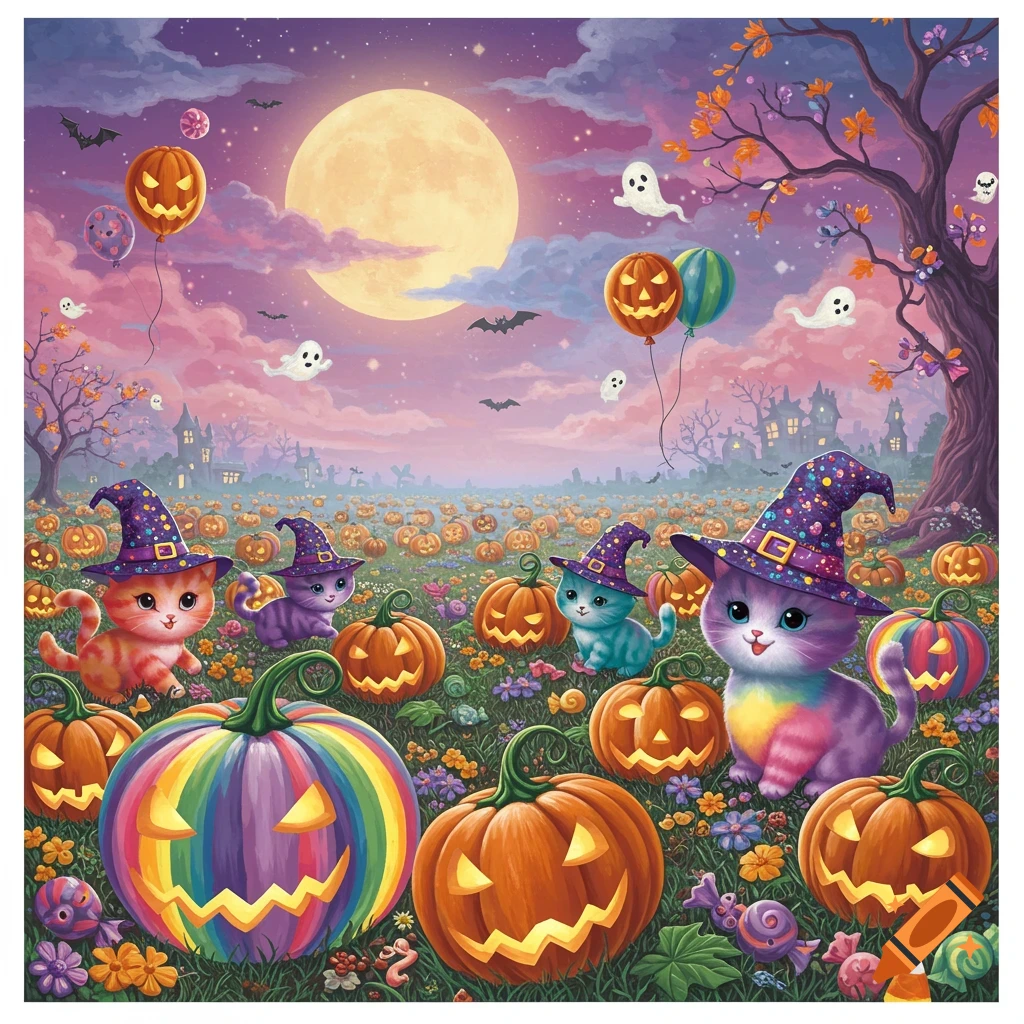 Colorful Halloween scene with cute cats in witch hats, jack-o'-lanterns, and ghosts in a pumpkin patch under a full moon.