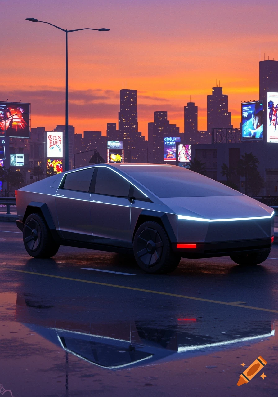A futuristic gray sedan, resembling a Tesla Cybertruck, drives on a wet city street at dusk. City buildings with neon billboards light up the background under an orange sky.