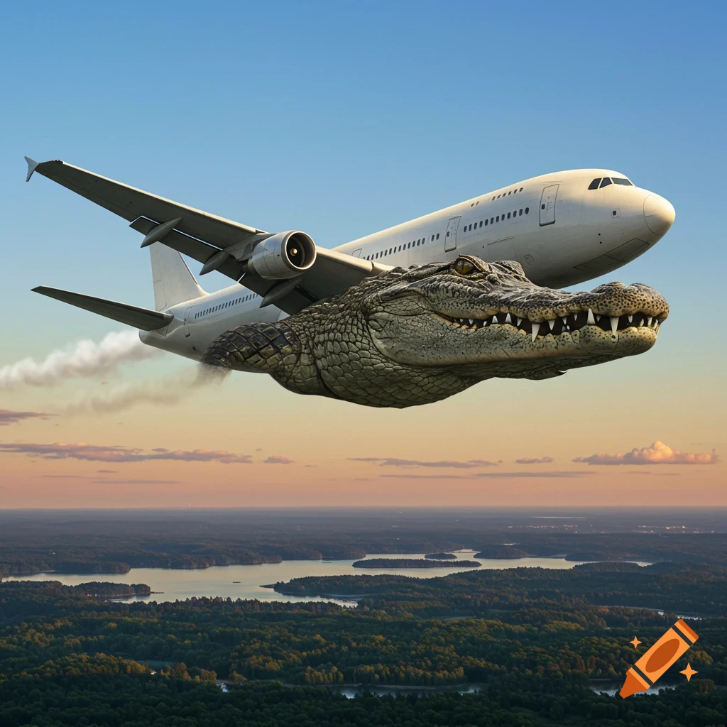 A photorealistic image of an airplane with a large alligator head flying over a vast green landscape with lakes at sunset.
