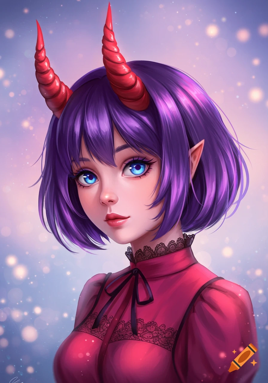 A portrait of an anime woman with short purple hair, blue eyes, red demon horns, and a red dress with black lace.