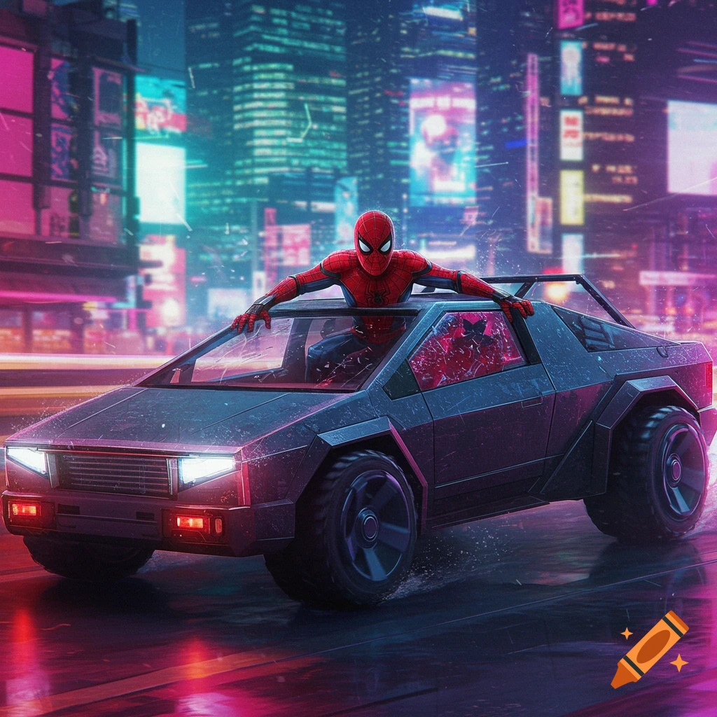 Spider-Man leans out of a futuristic Cybertruck driving through a neon-lit cyberpunk city at night.