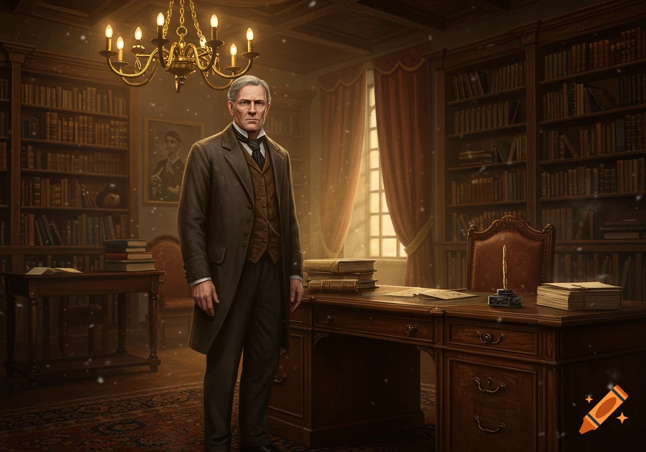 A distinguished man in a suit stands in a grand, dimly lit library with tall bookshelves and a large wooden desk.
