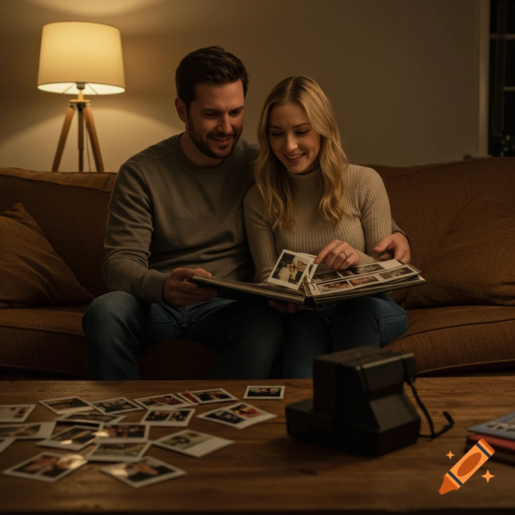 A couple smiles while looking through a photo album on a couch, with Polaroid pictures and a camera on the coffee table in a cozy, dimly lit room.
