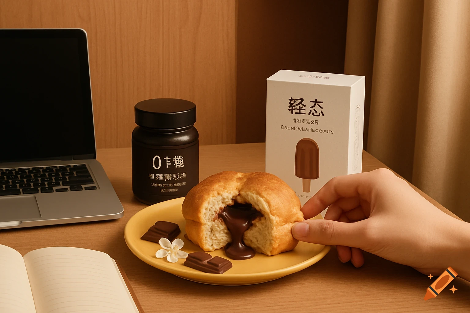 A hand holds chocolate-filled bread on a yellow plate with chocolate pieces, next to a laptop, sauce jar, popsicle box, and notebook on a wooden desk.
