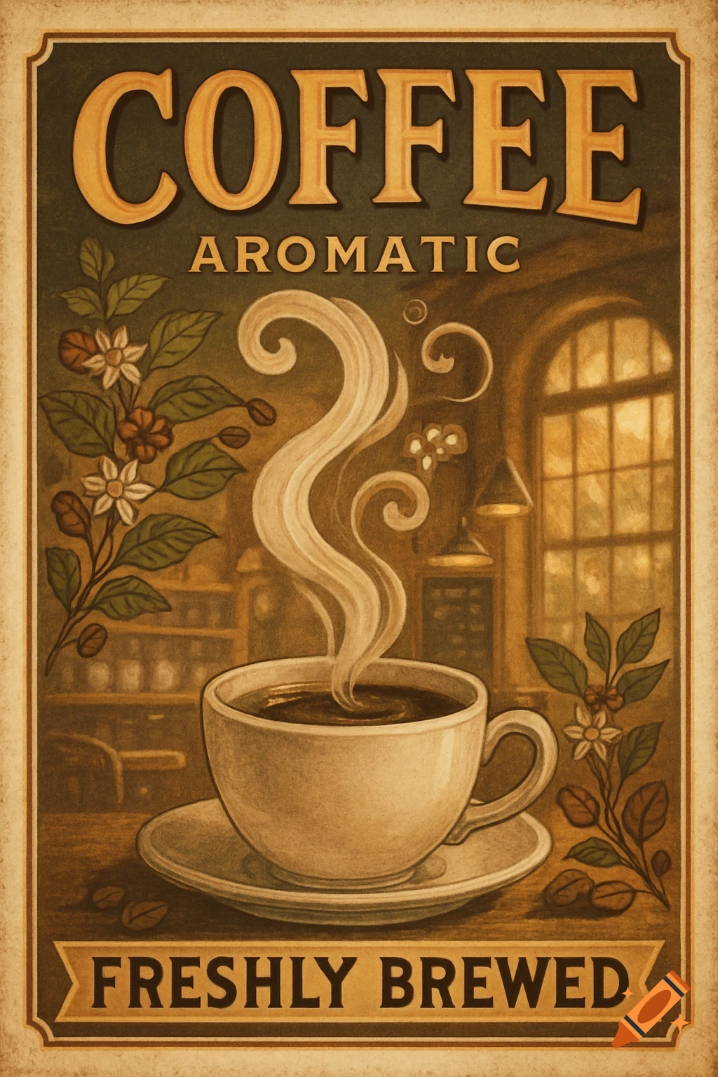 Vintage-style coffee poster featuring a steaming cup of coffee, coffee plants, and the text 'Coffee Aromatic Freshly Brewed'.