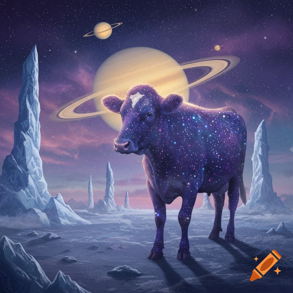 A cosmic purple cow covered in stars stands on a desolate alien planet with Saturn and other celestial bodies in the starry sky.
