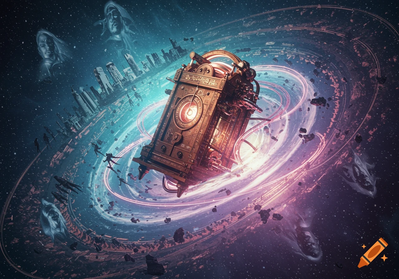 A steampunk-style time machine floats in a swirling cosmic void with ethereal faces, futuristic cityscapes, and swirling rings of light.