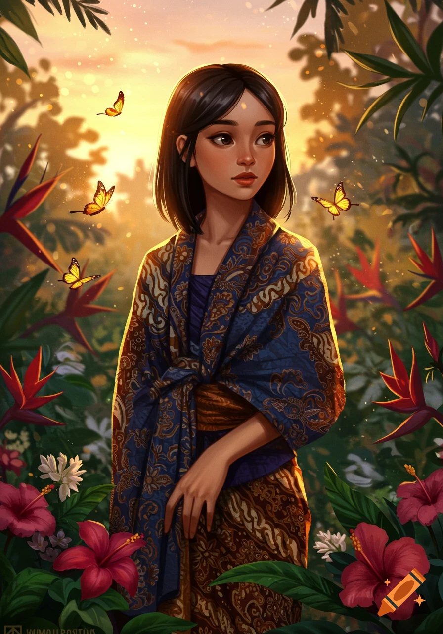 A digital art portrait of an Indonesian girl in traditional batik clothing surrounded by lush tropical plants and golden butterflies at sunset.
