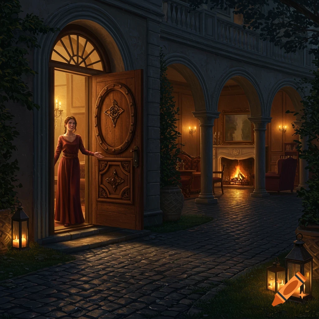 A woman in a red dress stands in the open doorway of a grand house at dusk, bathed in warm light, inviting someone inside.