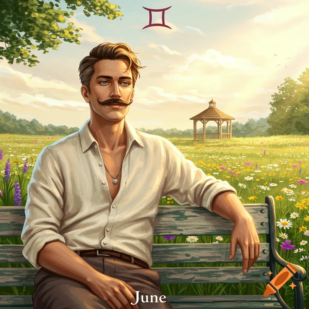 Illustrated portrait of a mustachioed man on a bench in a sunny field with wildflowers and a gazebo, featuring the Gemini symbol and 'June'.