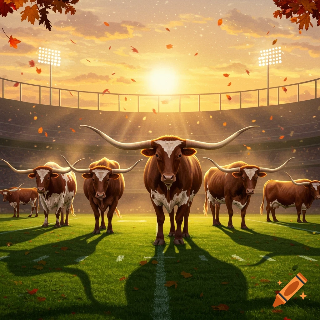 A line of Longhorn cattle stand on a football field at sunset with autumn leaves falling.