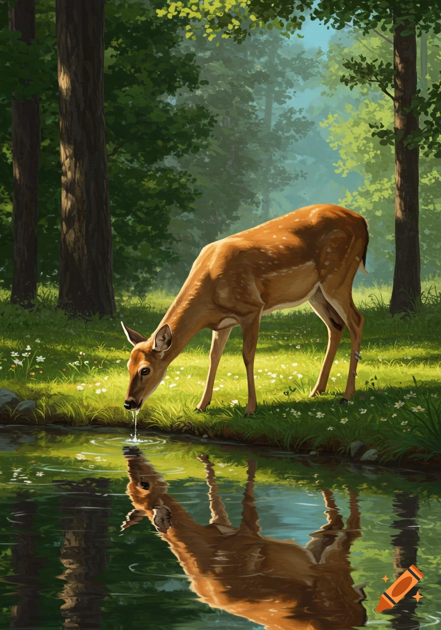 A brown deer with white spots drinks water from a calm pond in a sunlit forest, illustrated.
