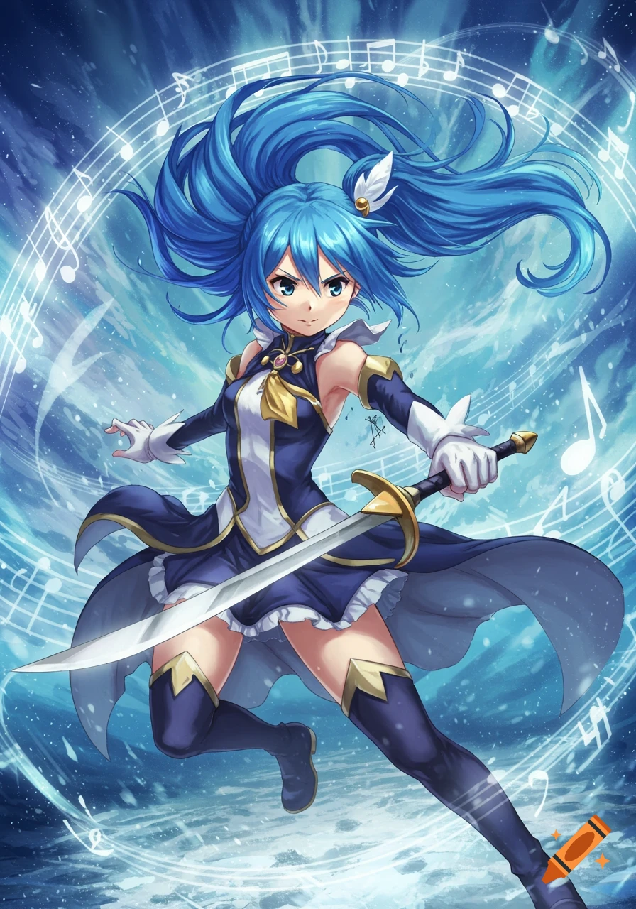 An anime girl with long blue hair and a white and blue dress-like outfit holds a sword, surrounded by musical notes and a swirling blue background.