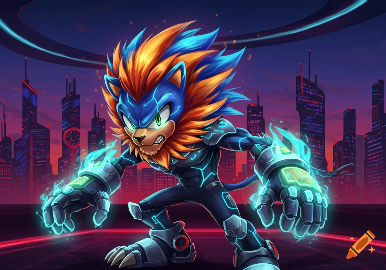 A powerful Sonic-lion hybrid character with blue and orange fur and a high-tech suit glows with blue energy in a futuristic city at night.