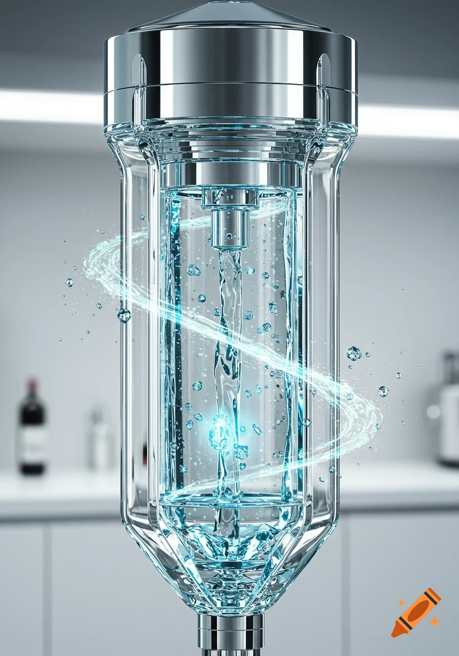 Close-up of a modern, cylindrical water filter with blue water and swirling bubbles inside, in a kitchen.