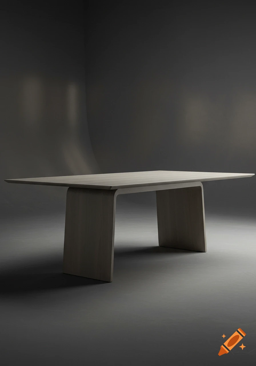 A modern rectangular wooden table with a curved base sits on a dark grey surface against a matching minimalist background. Photorealistic style.