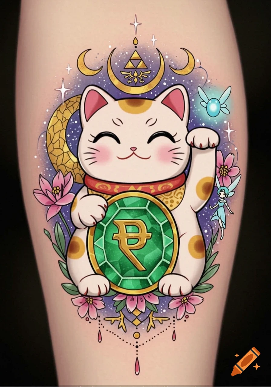 A colorful tattoo design on skin of a smiling Maneki-neko cat holding a large green gem, surrounded by pink flowers, a golden crescent moon, and the Triforce symbol, with fairies and stars.