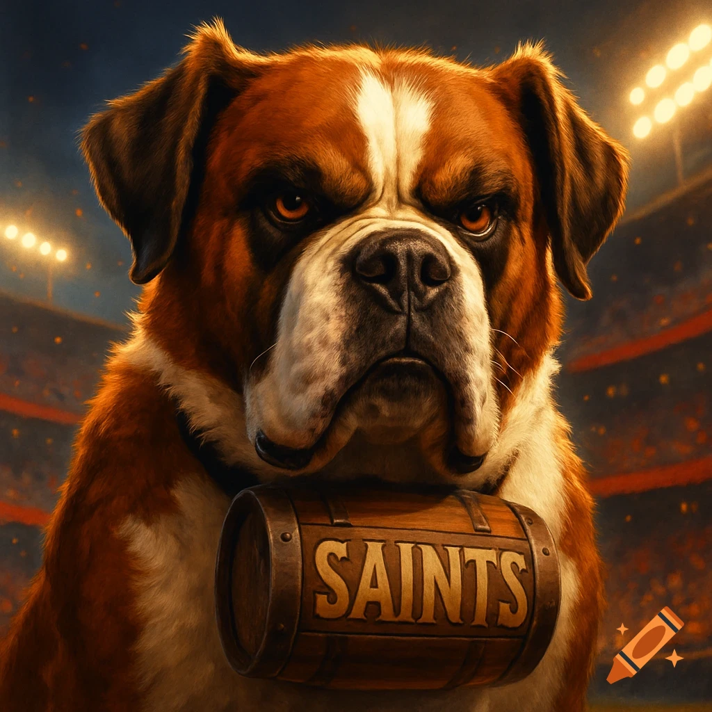 A close-up of an angry-looking St. Bernard dog mascot wearing a barrel labeled "SAINTS" in a stadium setting.