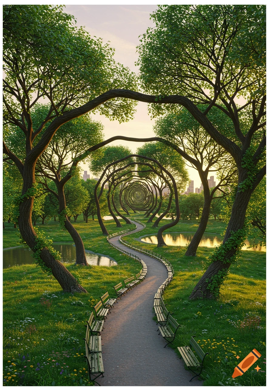 A winding path and benches tunnel through a series of increasingly smaller, heart-shaped tree arches in a lush green park with distant city buildings, at sunset.
