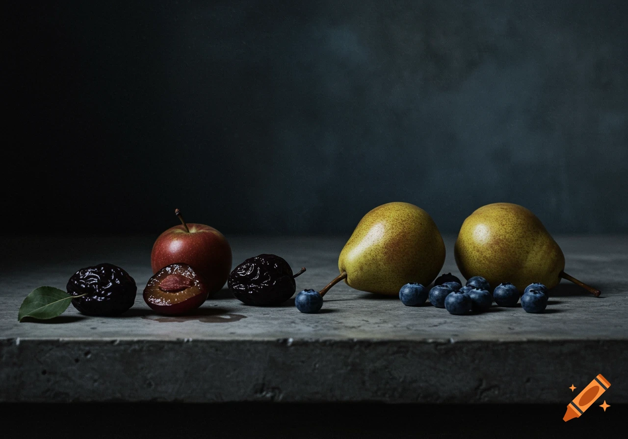 A dark still life arrangement of fruits including prunes, a sliced plum, a red apple, two pears, and scattered blueberries on a concrete surface.