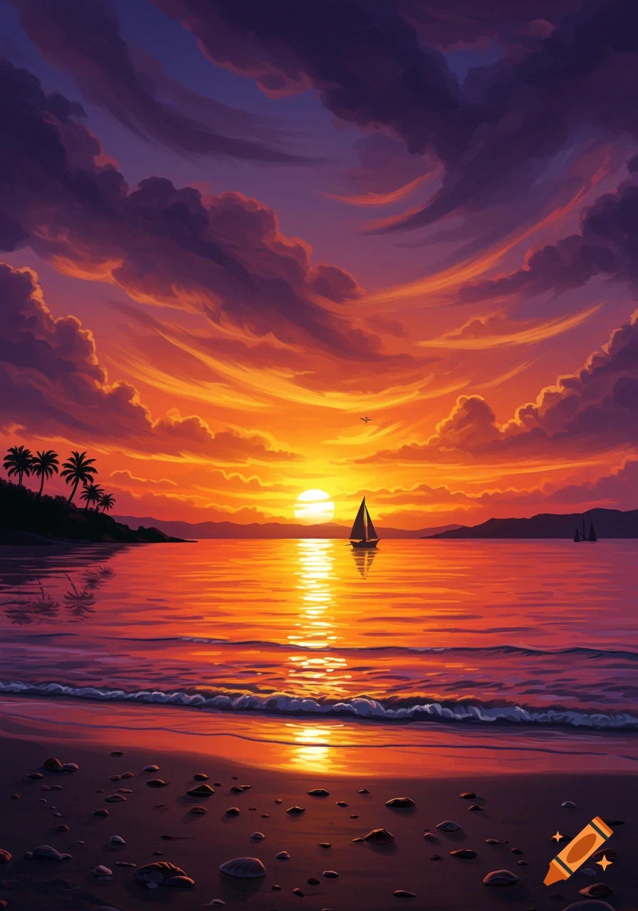 Vibrant, painterly sunset over the ocean with a sailboat, reflections, and palm trees on a beach.