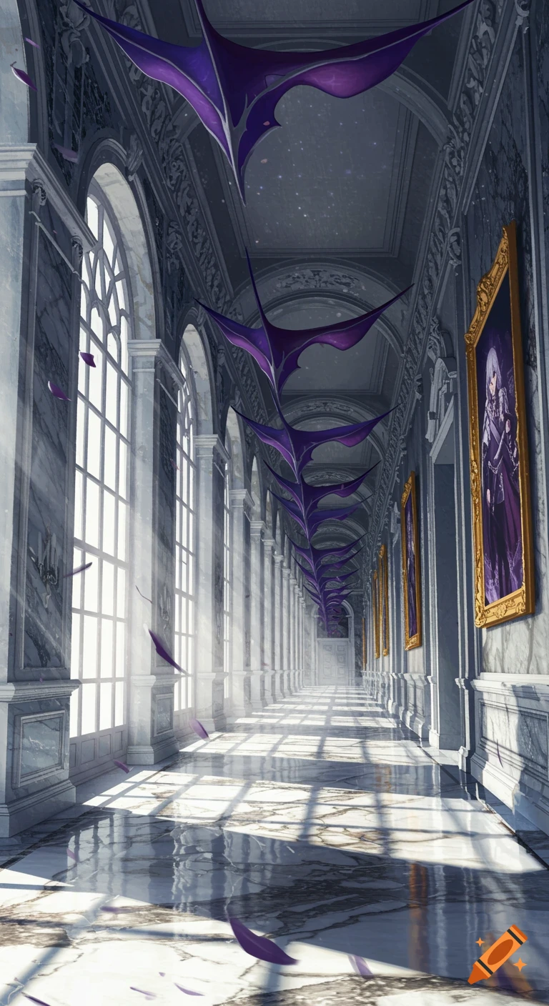 A grand silver and marble palace hallway with tall windows letting in light, purple floating shapes from the ceiling, and portraits on the right wall.