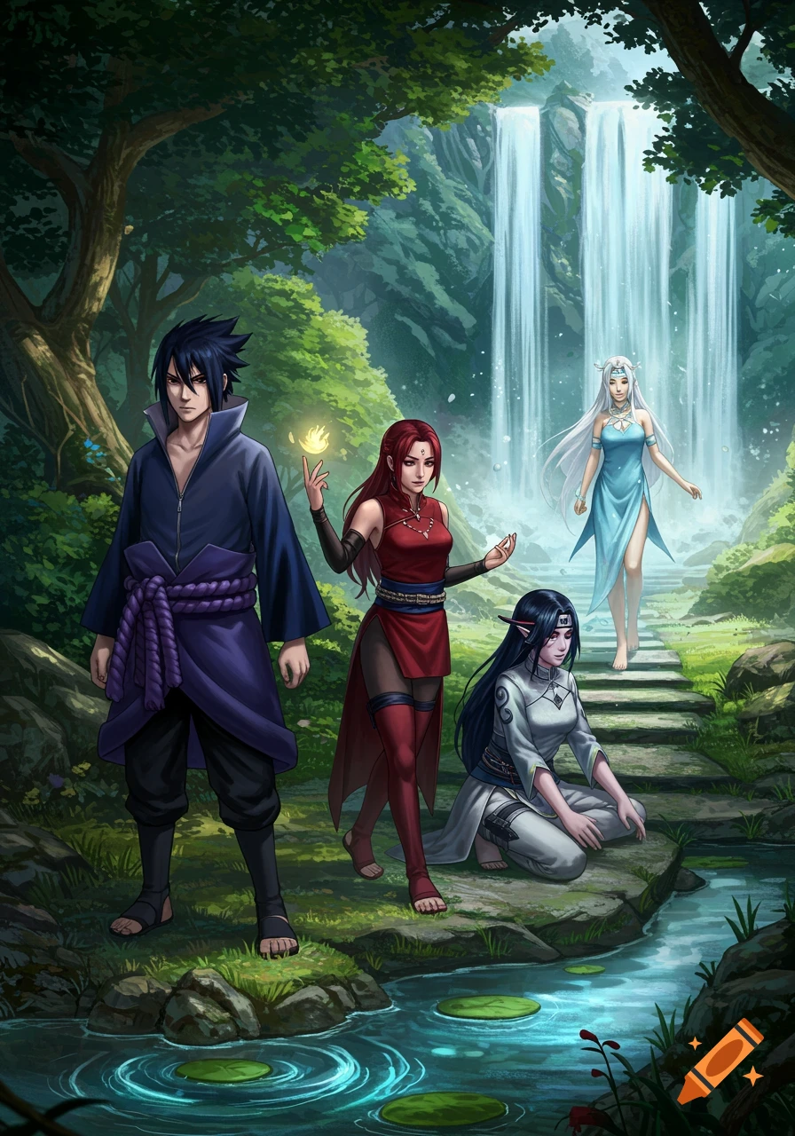 Four anime-style characters, including Sasuke, in a lush fantasy forest with a large waterfall and a glowing stream.