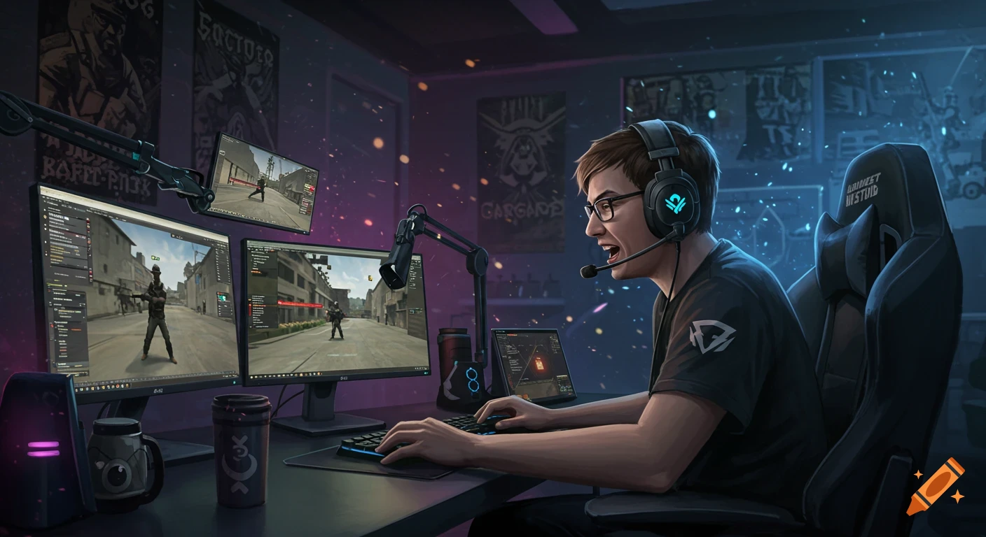 An expressive male gamer with headphones and a microphone plays an FPS game on multiple monitors in a dark room with posters.