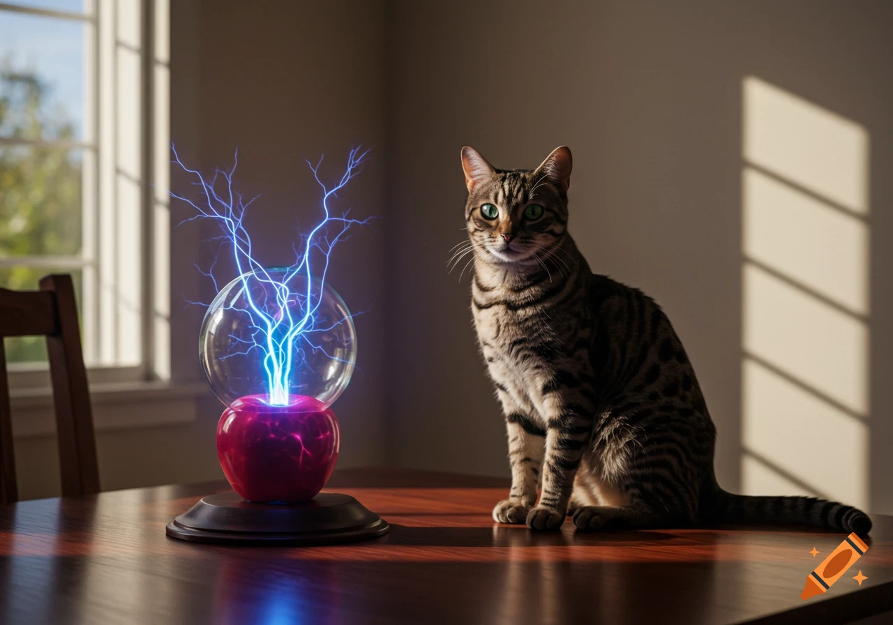 A tabby cat sits on a wooden table next to a plasma globe with a red apple base, casting blue light.
