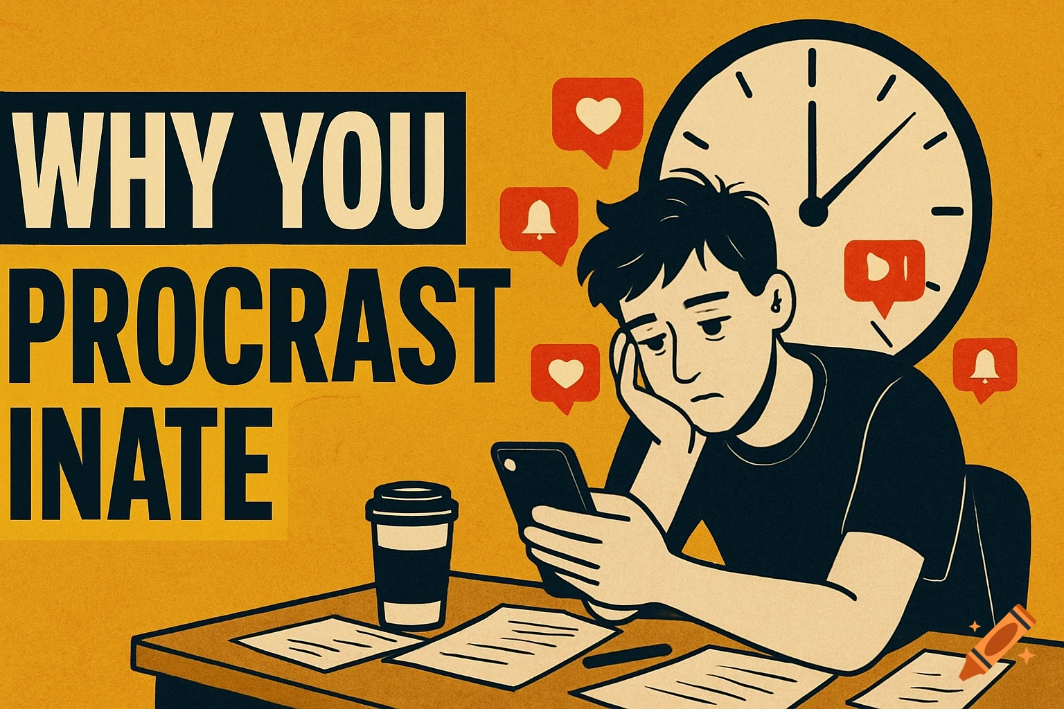 A cartoon man procrastinates at a desk, looking at his phone while a clock and notification bubbles surround him. Text reads "WHY YOU PROCRASTINATE."