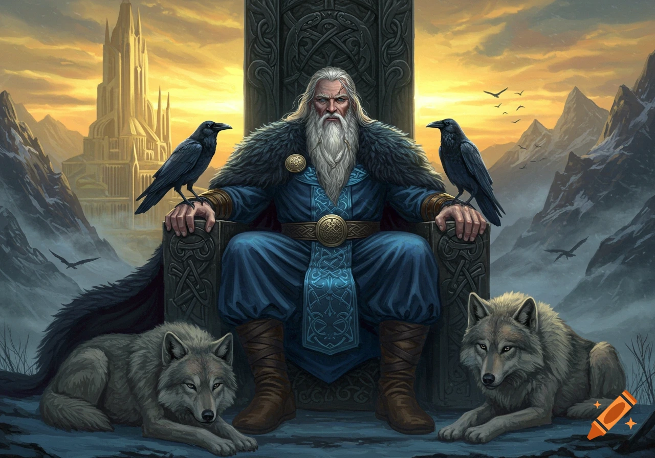 A powerful Odin with a long white beard sits on a throne, flanked by ravens and wolves, in a snowy fantasy landscape with a golden sky and a distant castle.
