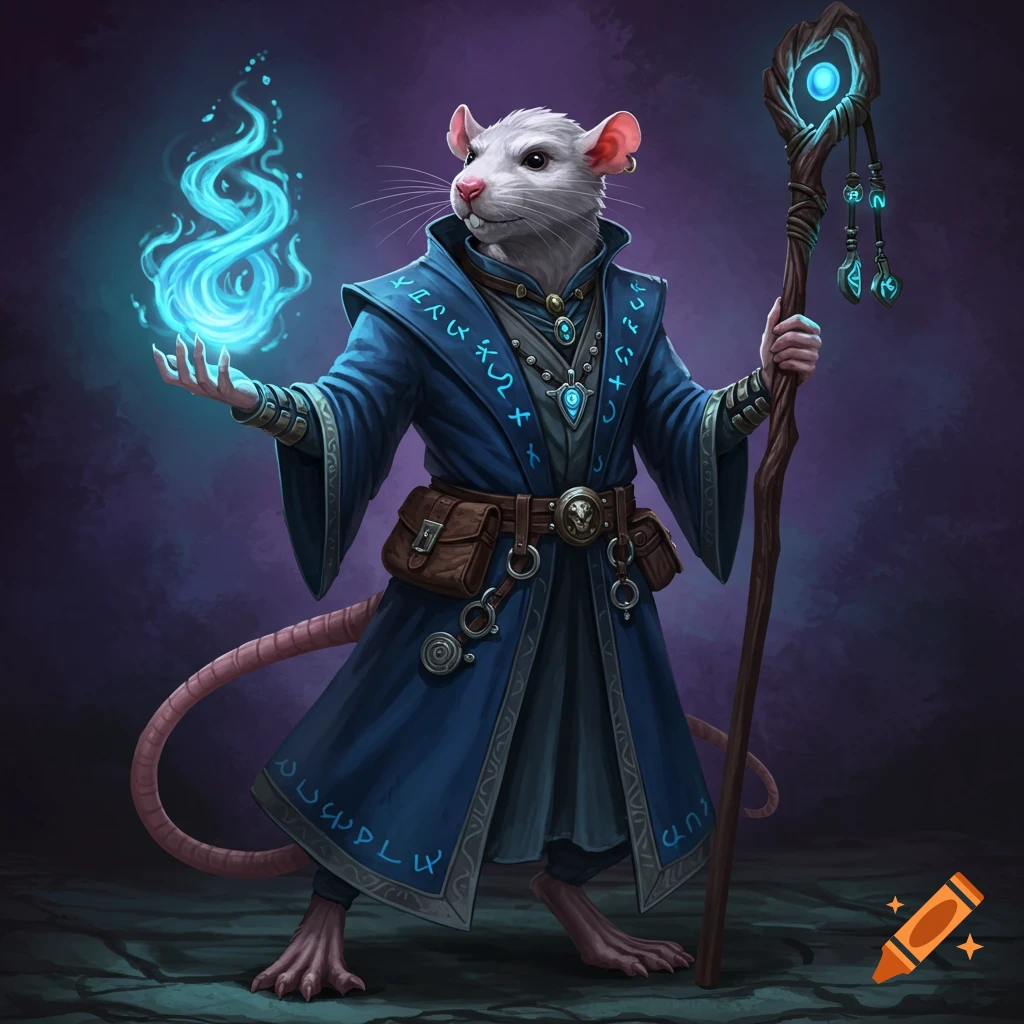 An anthropomorphic rat wizard in a blue robe conjures blue arcane fire and holds a staff, in a dynamic fantasy art style.