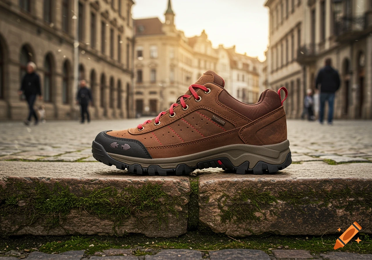 A brown urban hiking shoe with red laces sits on a mossy stone wall in a blurry city street setting.