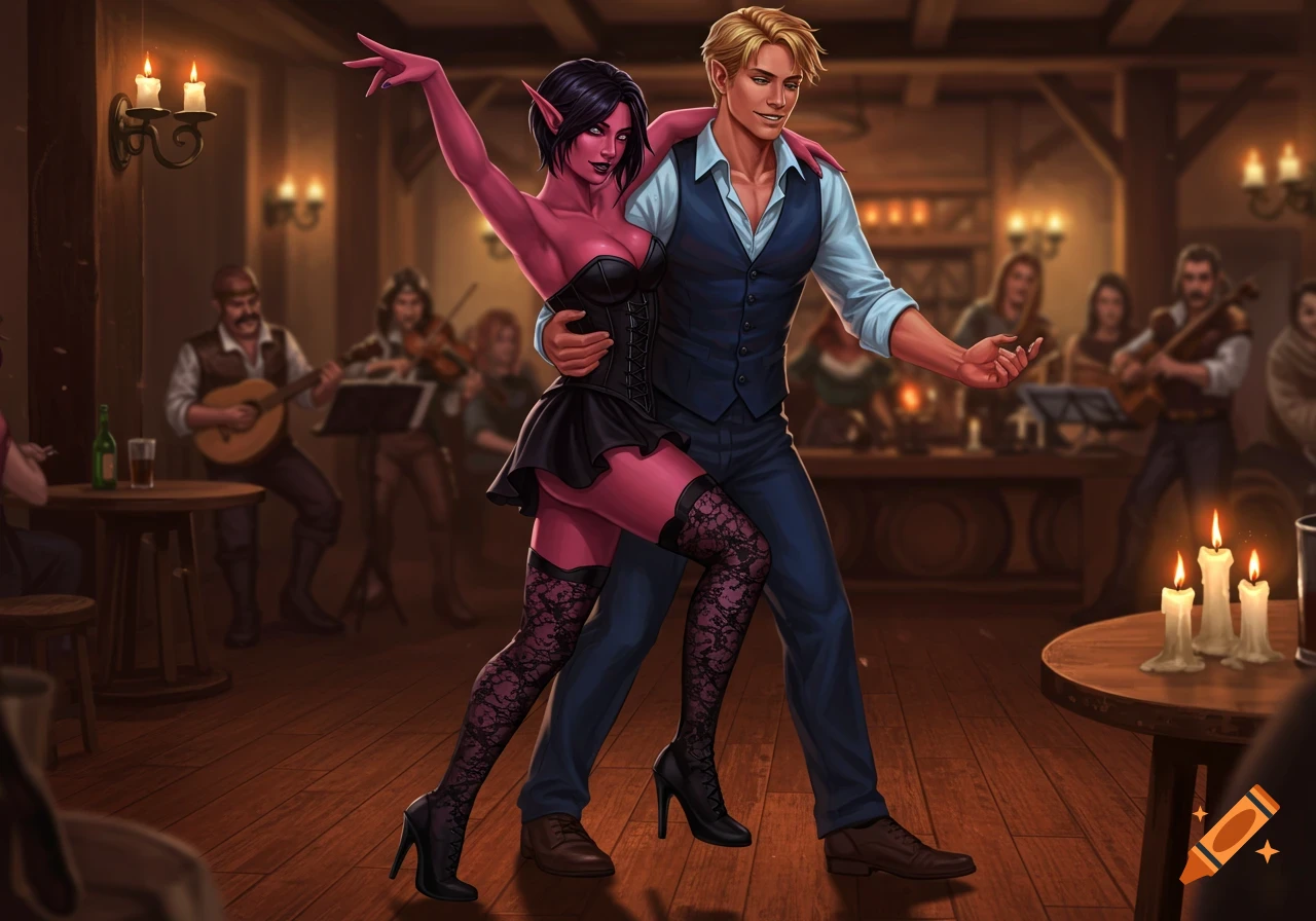 A pink-skinned female elf in a corset and skirt dances with a blonde man in a vest on a tavern floor, in a detailed fantasy art style.