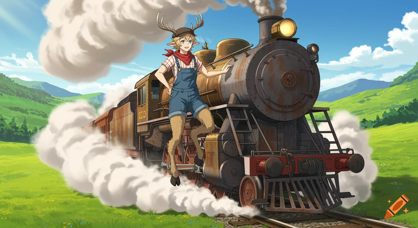 Anime satyr in overalls with antlers and hooves standing on a steam locomotive traveling through green hills.