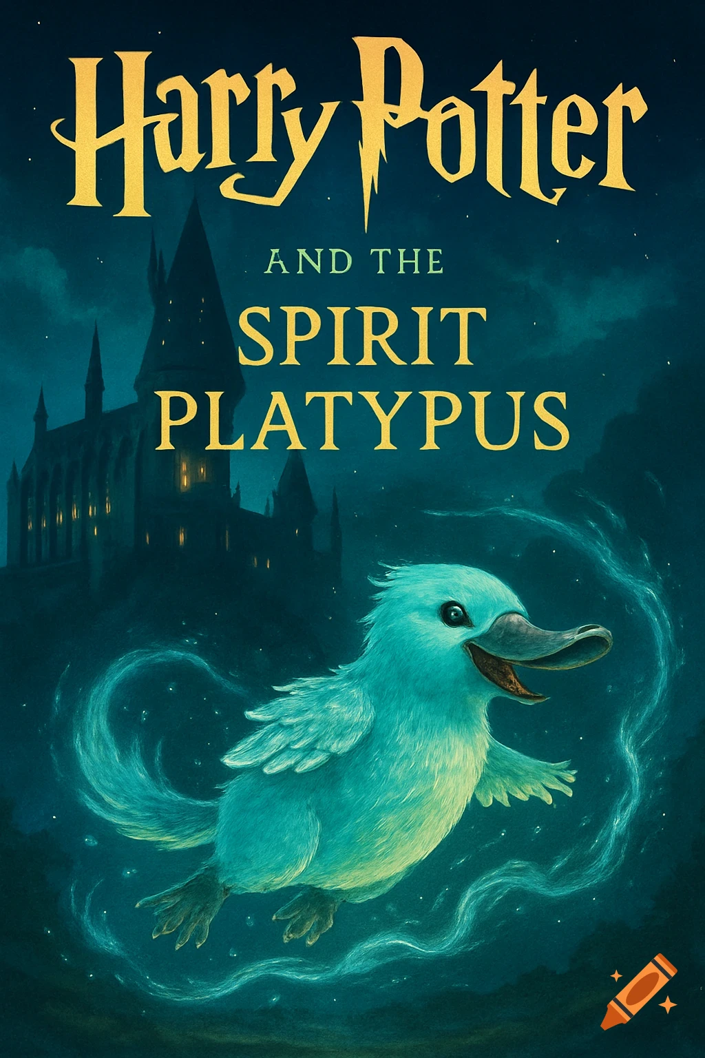 A book cover for 'Harry Potter and the Spirit Platypus' featuring a glowing blue platypus floating in front of a dark castle at night.