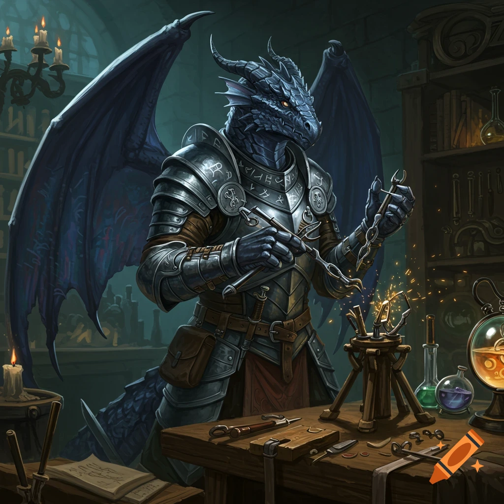A dragonborn artificer in armor meticulously works on a metal chain in a candlelit workshop, surrounded by tools and flasks.