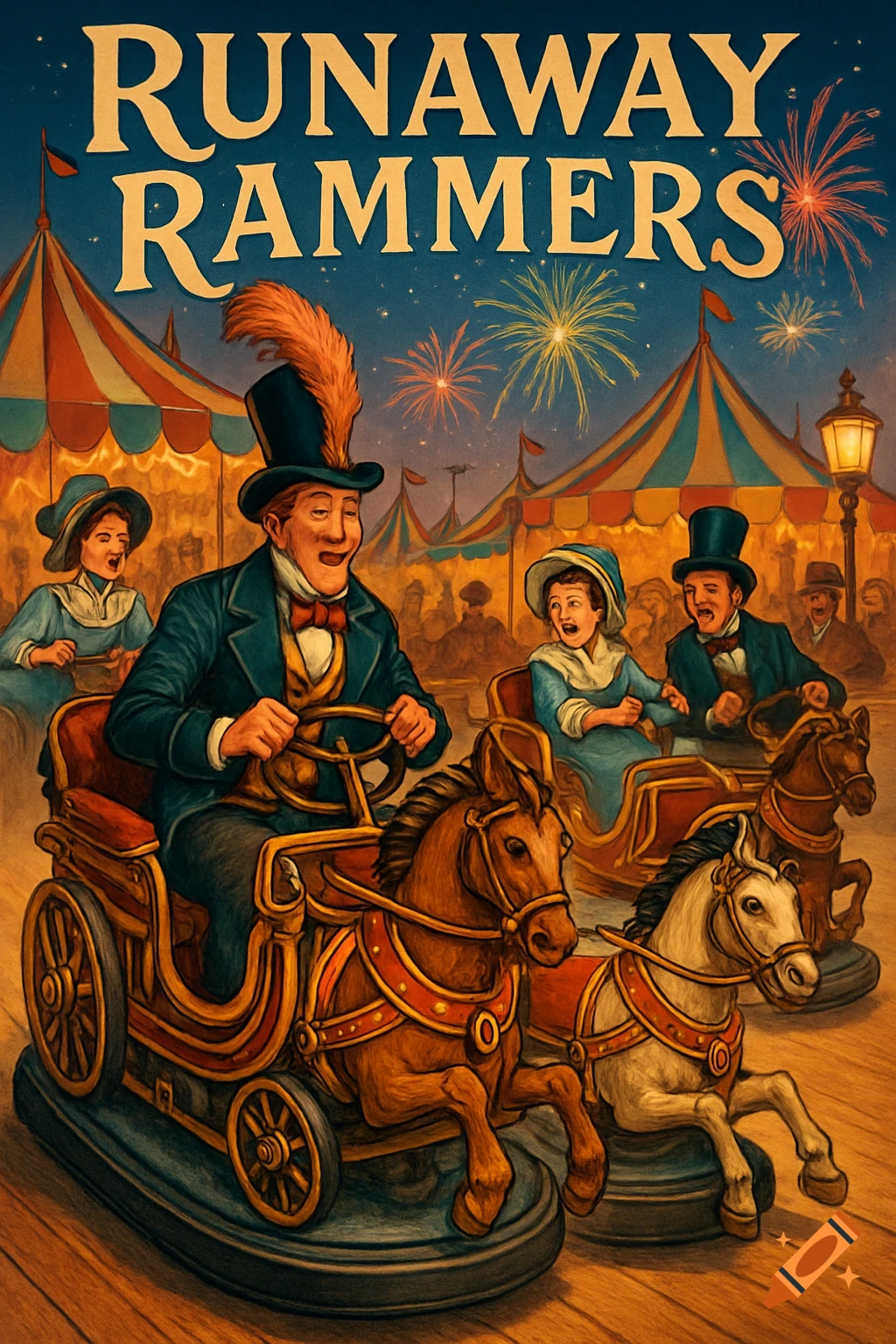 Vintage illustration of people riding horse-drawn bumper cars at a lively carnival under fireworks. Text reads "RUNAWAY RAMMERS".