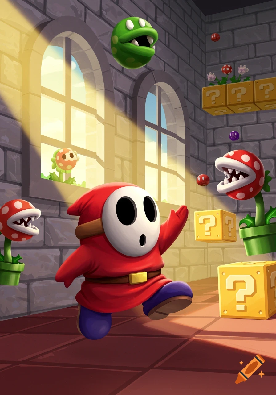A red Shy Guy runs in a stone castle hall with Piranha Plants, question blocks, and light streaming through arched windows in a vibrant cartoon style.