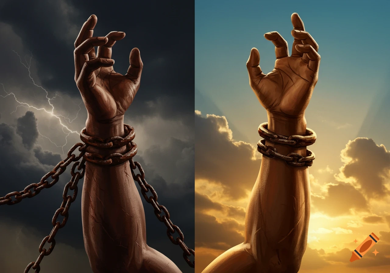 A split image of an arm; left side chained in a storm, right side free in sunlight, symbolizing liberation.