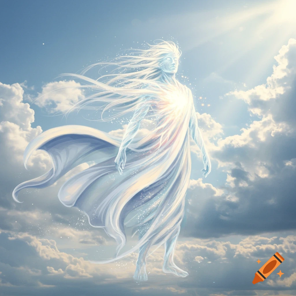 An ethereal, glowing figure made of wind and light floats majestically in a bright sky with clouds and sun rays.