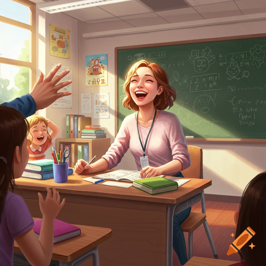 A happy female teacher laughs with her students in a sunlit classroom, with one child raising a hand and another laughing.