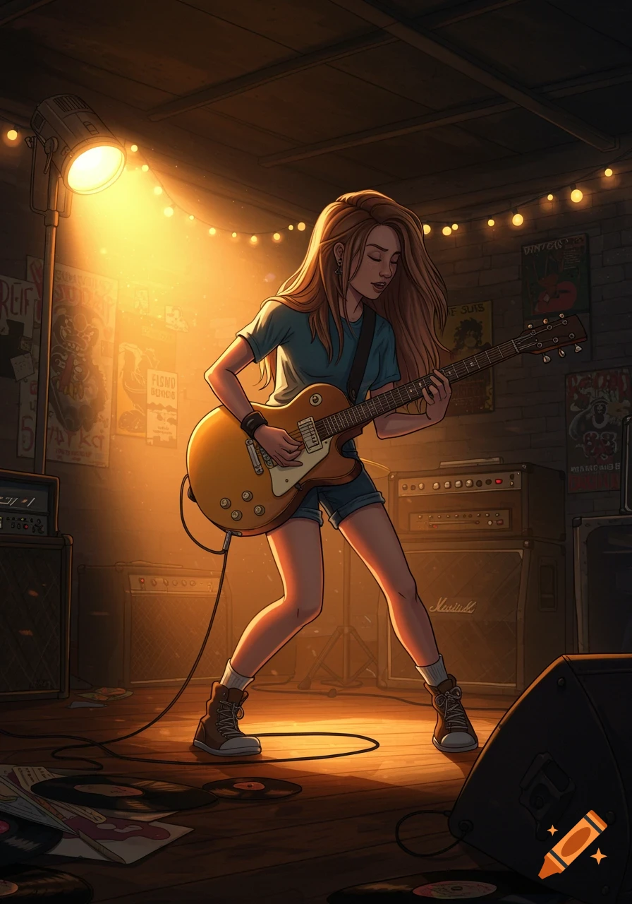 An illustration of a cool girl with long hair playing an electric guitar on a stage with warm spotlighting.