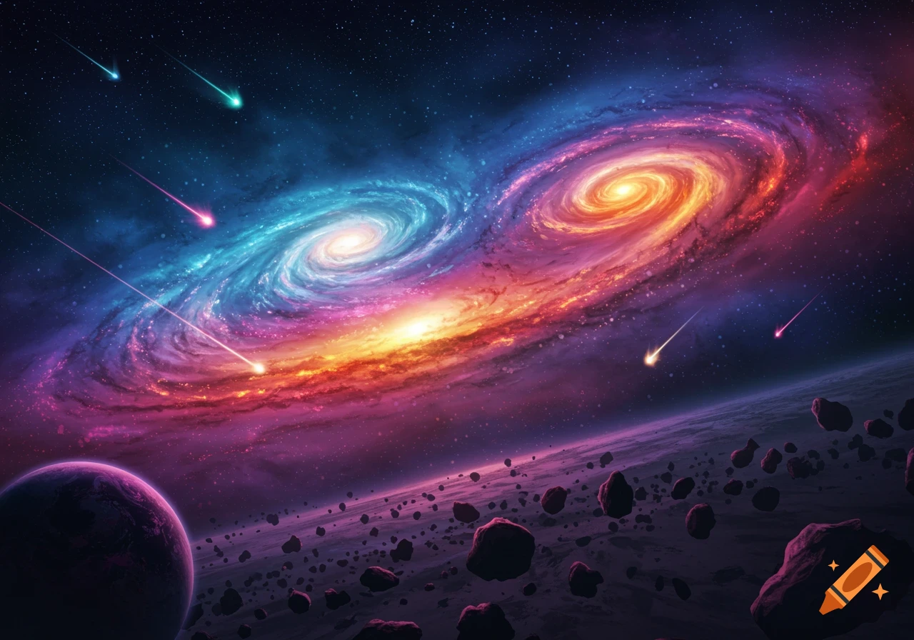 Two colorful spiral galaxies, a purple planet, meteors, and asteroids against a dark, star-filled cosmic background.