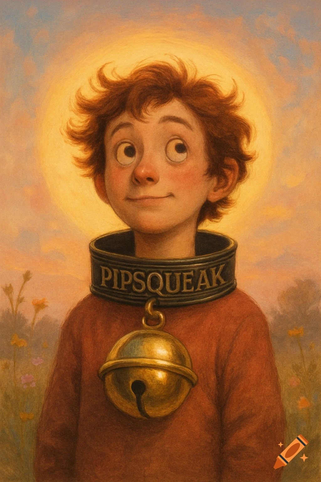 An illustration of a young boy with reddish-brown hair wearing a dark collar that says "PIPSQUEAK" and a large golden bell, with a bright sun behind him.