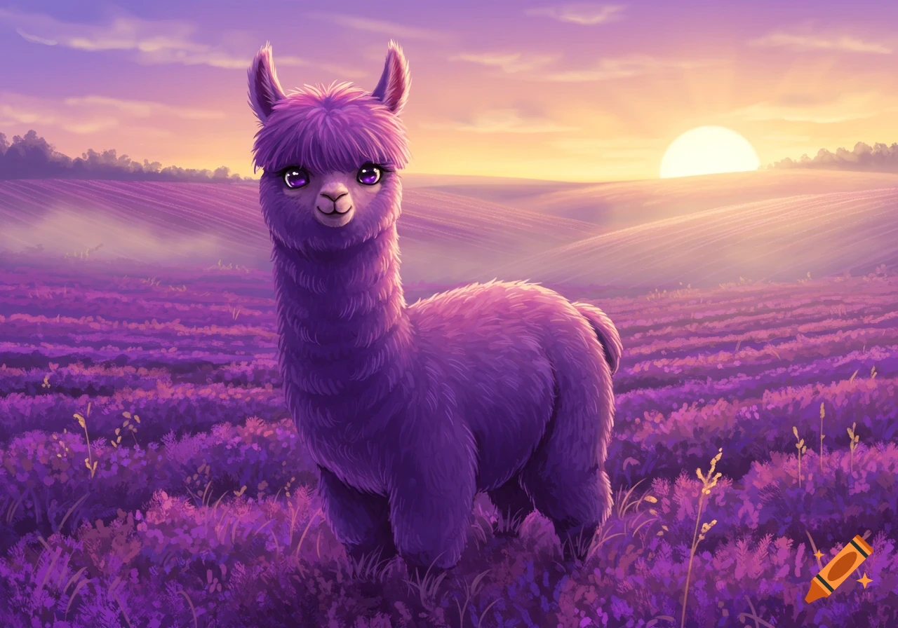 A purple alpaca with big eyes stands in a field of purple flowers under a sunset sky, in an illustration style.